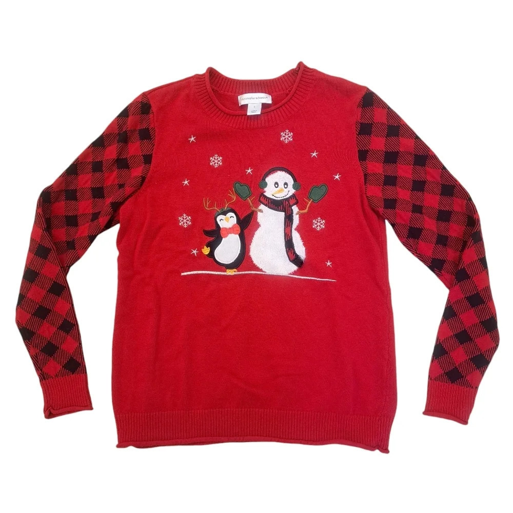 C&B Red Black Long Sleeve Plaid Snowman Penguin Snowflake Christmas Sweater Sz S